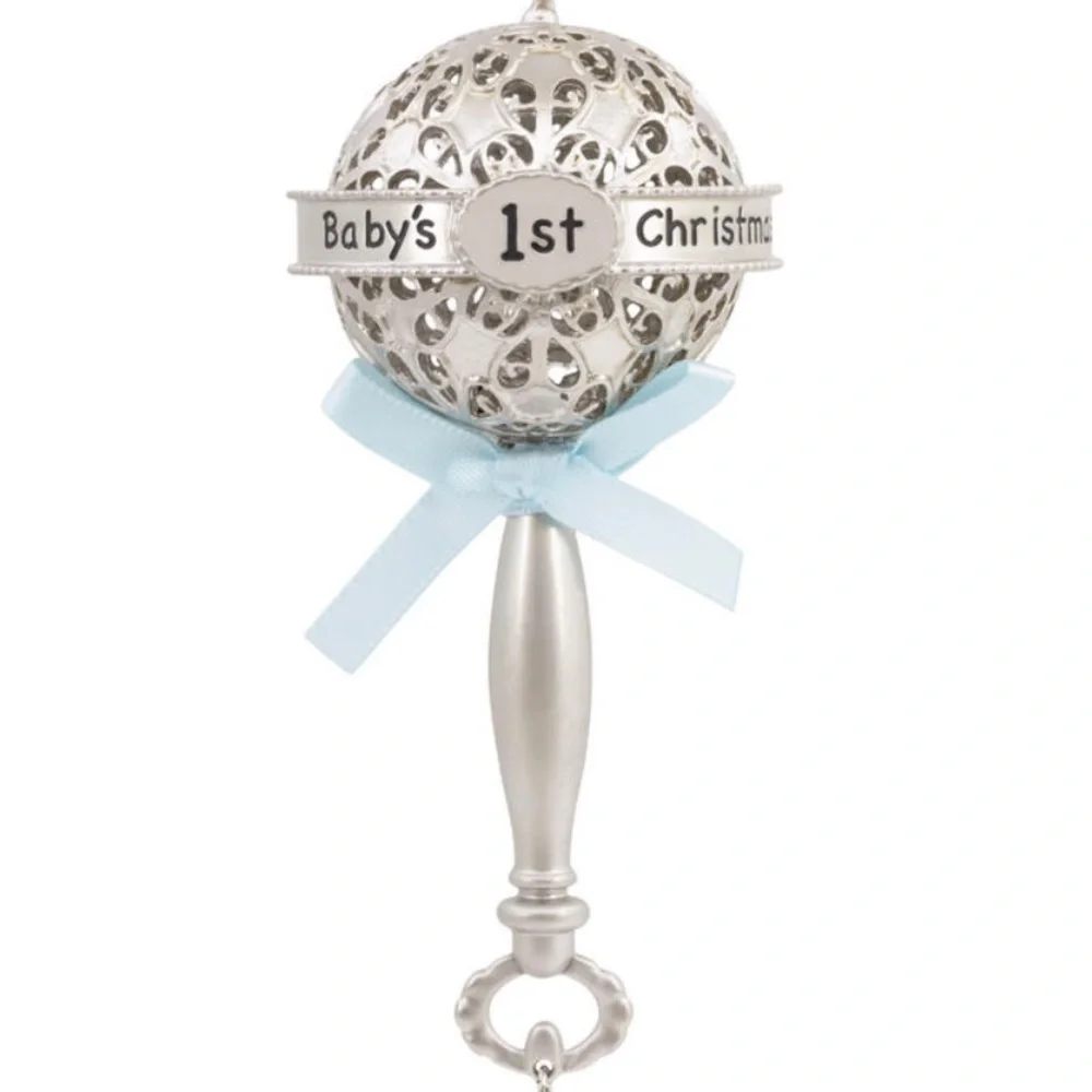 2025 Baby's First Christmas Ornament Hallmark Sliver Rattle Blue Bow Boy